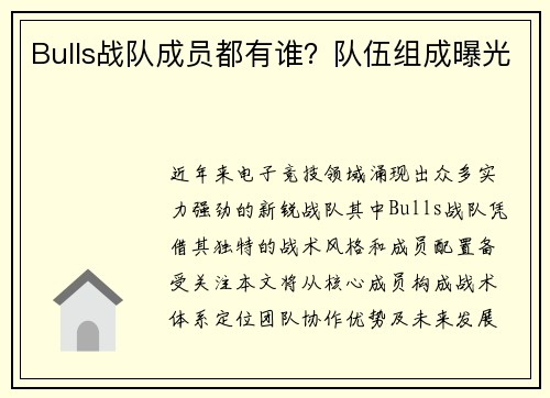 Bulls战队成员都有谁？队伍组成曝光