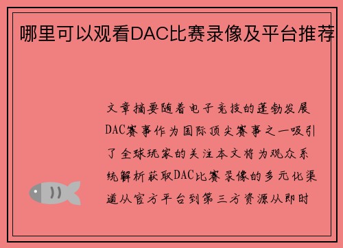 哪里可以观看DAC比赛录像及平台推荐