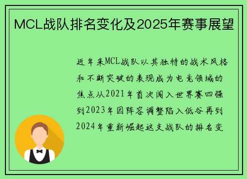 MCL战队排名变化及2025年赛事展望